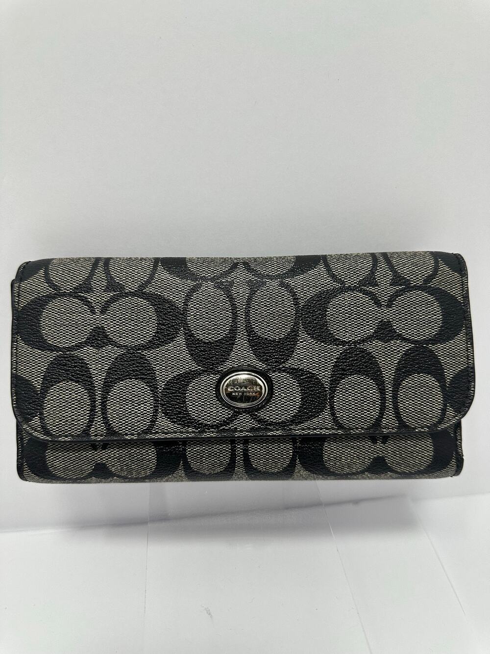 Coach Signature Black Gray Wallet Zip Around ID Window Card Slots Snap Closure